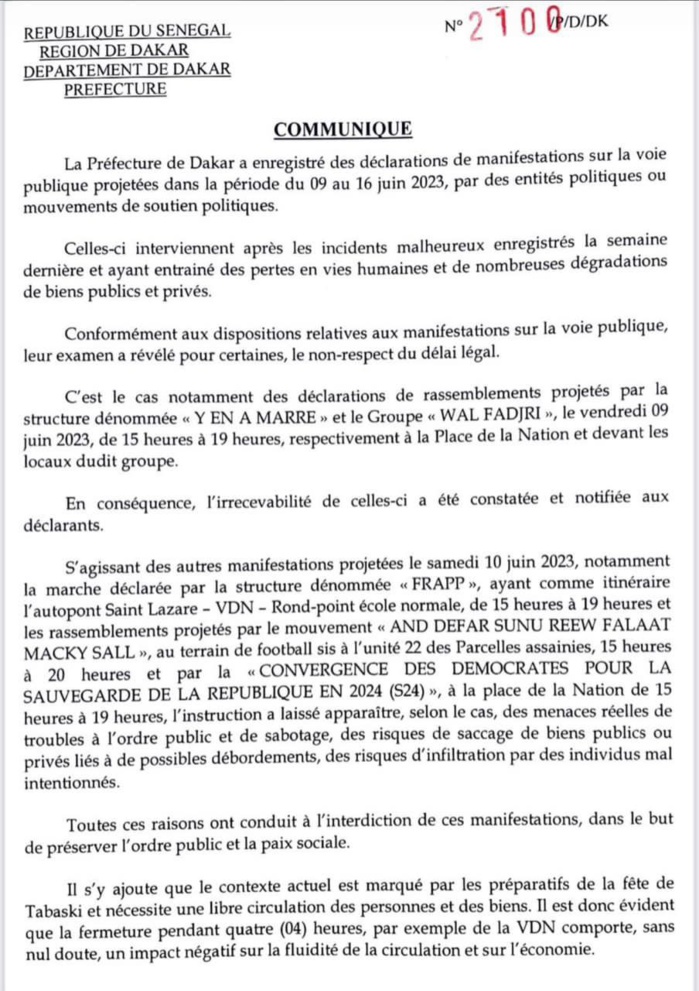 Demandes d'autorisations de manifestation à Dakar : Le préfet brandit l’interdiction et parle d’un contexte inapproprié Demandes d'autorisations de manifestation à Dakar : Le préfet brandit l’interdiction et parle d’un contexte inapproprié