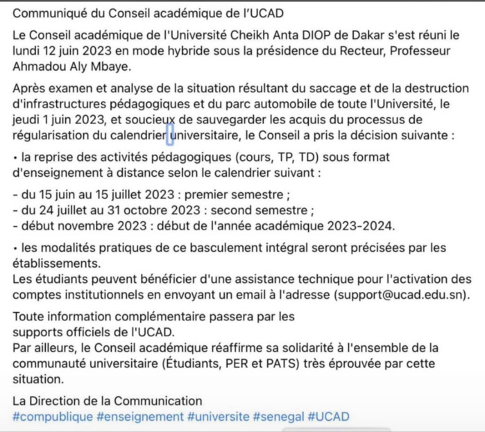 UCAD: La reprise de l'année universitaire se fera à distance à partir du 15 juin 2023 UCAD: La reprise de l'année universitaire se fera à distance à partir du 15 juin 2023