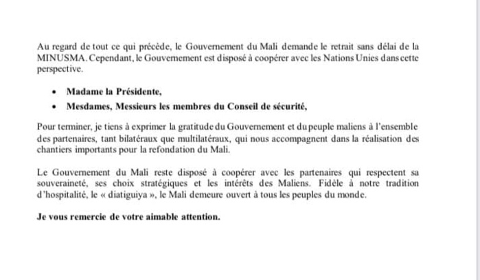 Mali : Le gouvernement demande le retrait sans délai de la MINUSMA.