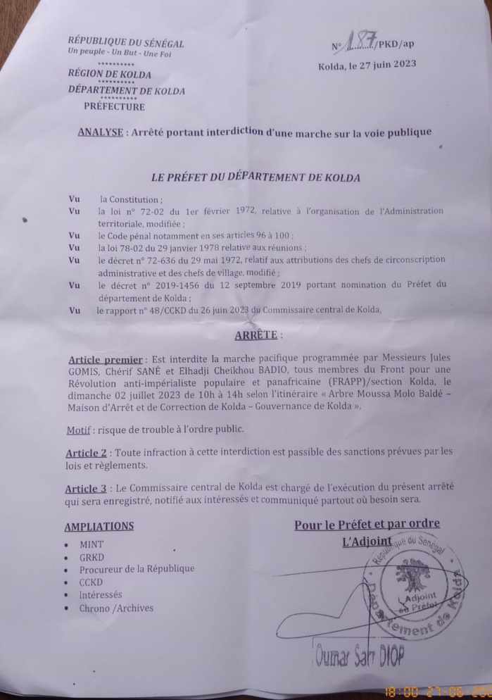 KOLDA : le préfet interdit les marches pacifiques de Frapp... KOLDA : le préfet interdit les marches pacifiques de Frapp...