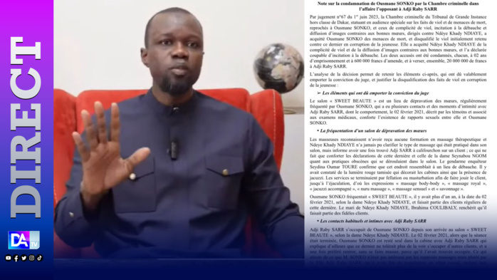 Condamnation de Ousmane SONKO par la Chambre criminelle dans l’affaire l’opposant à Adji Raby SARR: les notes accablantes du ministère de la justice