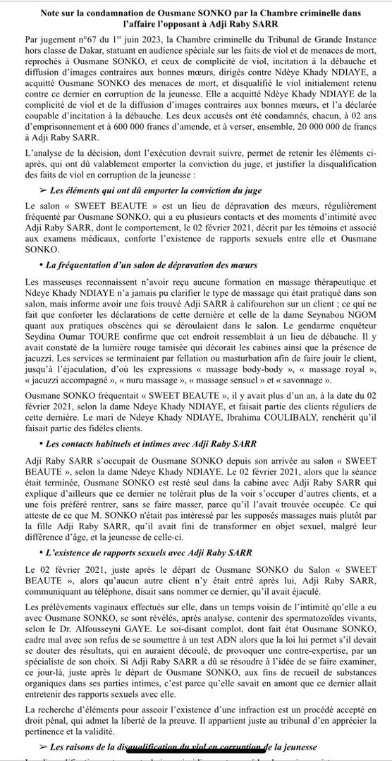 Condamnation de Ousmane SONKO par la Chambre criminelle dans l’affaire l’opposant à Adji Raby SARR: les notes accablantes du ministère de la justice Condamnation de Ousmane SONKO par la Chambre criminelle dans l’affaire l’opposant à Adji Raby SARR: les notes accablantes du ministère de la justice