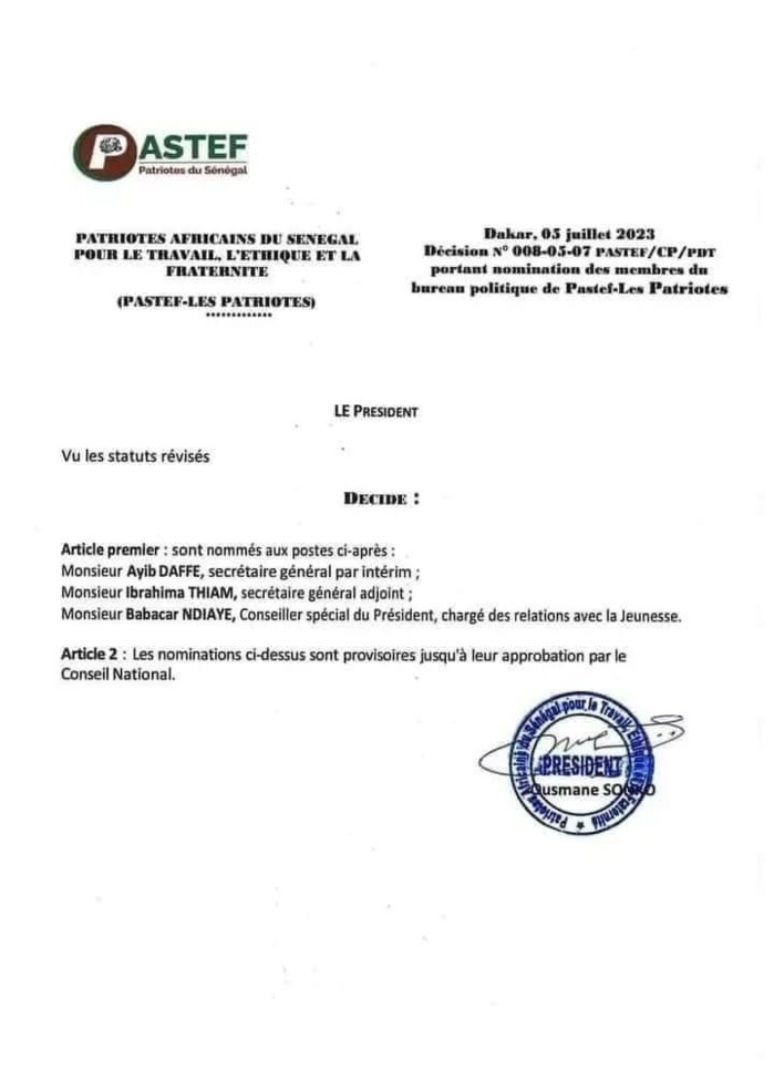 Pastef / Les Patriotes se réorganise : Ayib Daffé remplace Bassirou Diomaye Faye au SG du BP, Ngagne Demba Touré hérite de la JPS