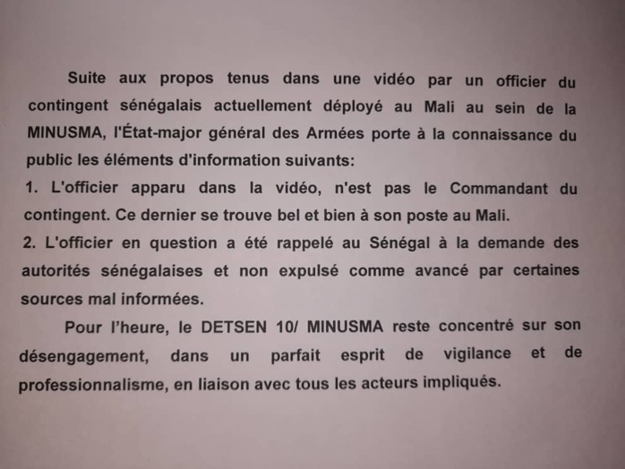 Rumeurs sur l'expulsion d'un officier sénégalais du Mali/ Les précisions de L'État-major général des Armées: " l'officier en question a été rappelé au Sénégal à la demande des autorités sénégalaises et non expulsé". Rumeurs sur l'expulsion d'un officier sénégalais du Mali/ Les précisions de L'État-major général des Armées: " l'officier en question a été rappelé au Sénégal à la demande des autorités sénégalaises et non expulsé".