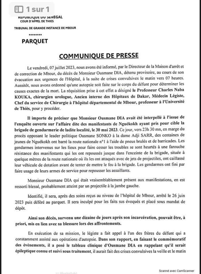 MAC de Mbour/ Décès d'Ousmane Dia: " L'autopsie révèle une hypoxie sévère...la mort est liée à une détresse respiratoire aiguë"( Procureur de la République). MAC de Mbour/ Décès d'Ousmane Dia: " L'autopsie révèle une hypoxie sévère...la mort est liée à une détresse respiratoire aiguë"( Procureur de la République).