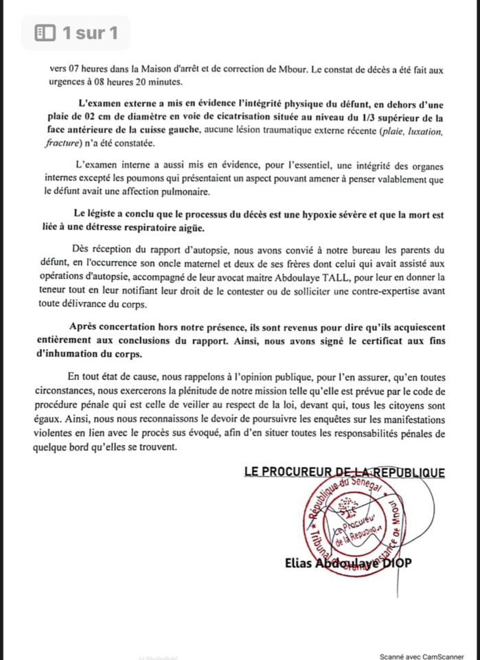 MAC de Mbour/ Décès d'Ousmane Dia: " L'autopsie révèle une hypoxie sévère...la mort est liée à une détresse respiratoire aiguë"( Procureur de la République). MAC de Mbour/ Décès d'Ousmane Dia: " L'autopsie révèle une hypoxie sévère...la mort est liée à une détresse respiratoire aiguë"( Procureur de la République).