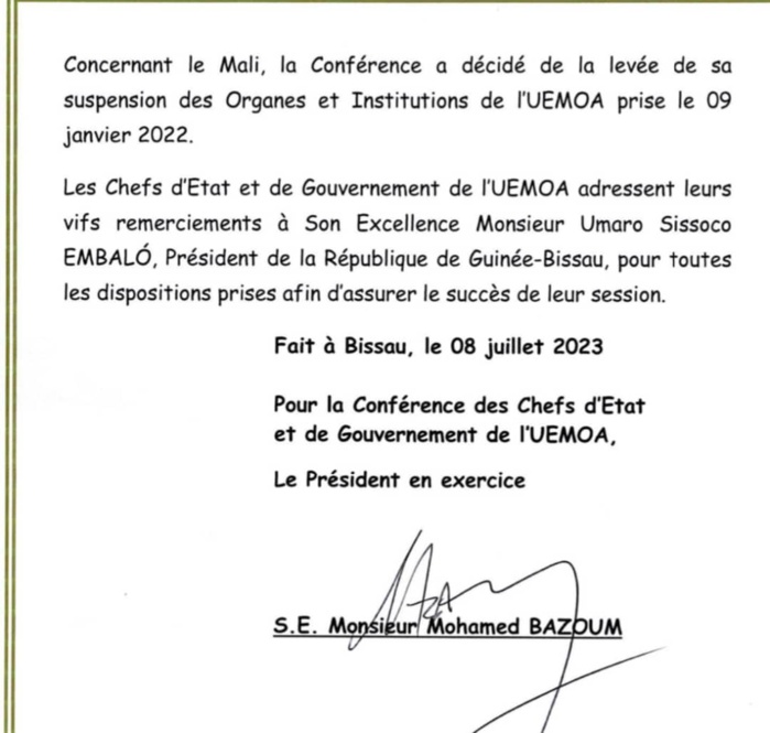 Bissau: L'UEMOA lève les sanctions institutionnelles contre le Mali Bissau: L'UEMOA lève les sanctions institutionnelles contre le Mali