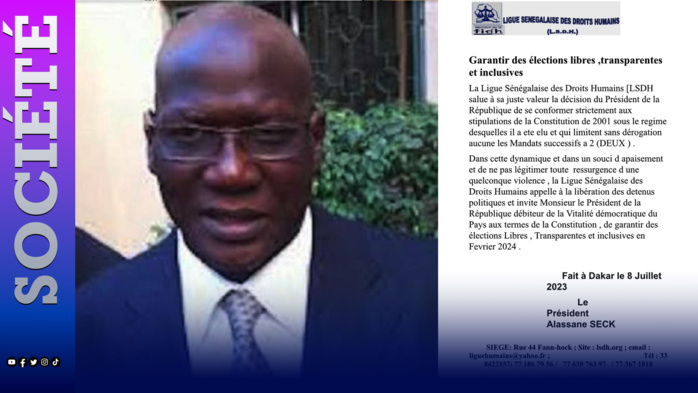 Présidentielle 2024 : la LSDH magnifie la non participation du président Macky Sall et l’invite à garantir des élections libres, transparentes et inclusives. Présidentielle 2024 : la LSDH magnifie la non participation du président Macky Sall et l’invite à garantir des élections libres, transparentes et inclusives.