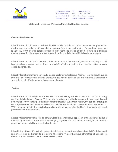 Présidentielle 2024: Liberal International salue la décision du président Macky Sall et affirme son soutien à l'Apr