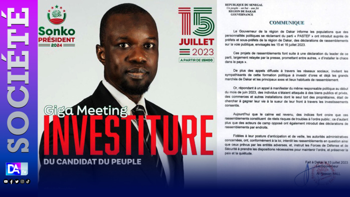 Région de Dakar : Interdiction de tous les rassemblements envisagés entre les 15 et 16 juillet 2024 Région de Dakar : Interdiction de tous les rassemblements envisagés entre les 15 et 16 juillet 2024