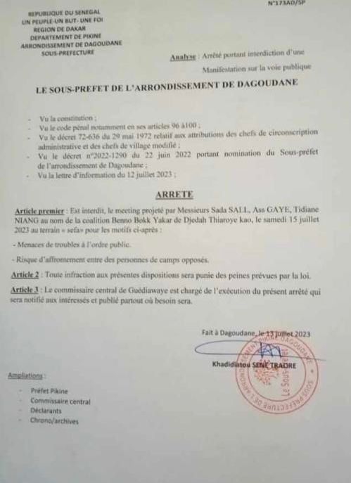 Interdiction de tous les rassemblements entre les 15 et 16 juillet: Voici les 9 lettres d'information rejetées par les autorités administratives de la région de Dakar.