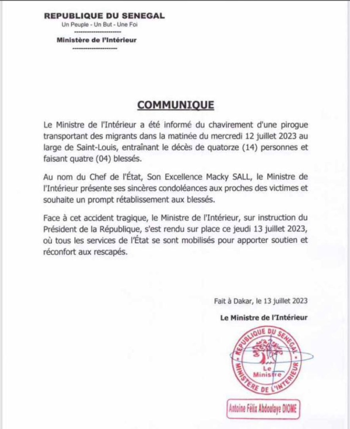 Chavirement d’une pirogue de migrants : Le ministère de l’intérieur annonce 14 morts et 4 blessés. Chavirement d’une pirogue de migrants : Le ministère de l’intérieur annonce 14 morts et 4 blessés.