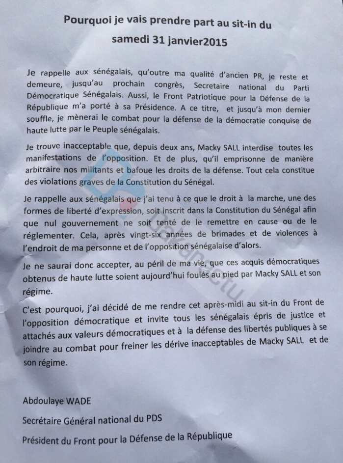 Communiqué : Pourquoi je vais prendre part au sit-in du Samedi 31Janvier 2015 (Me Abdoulaye wade)