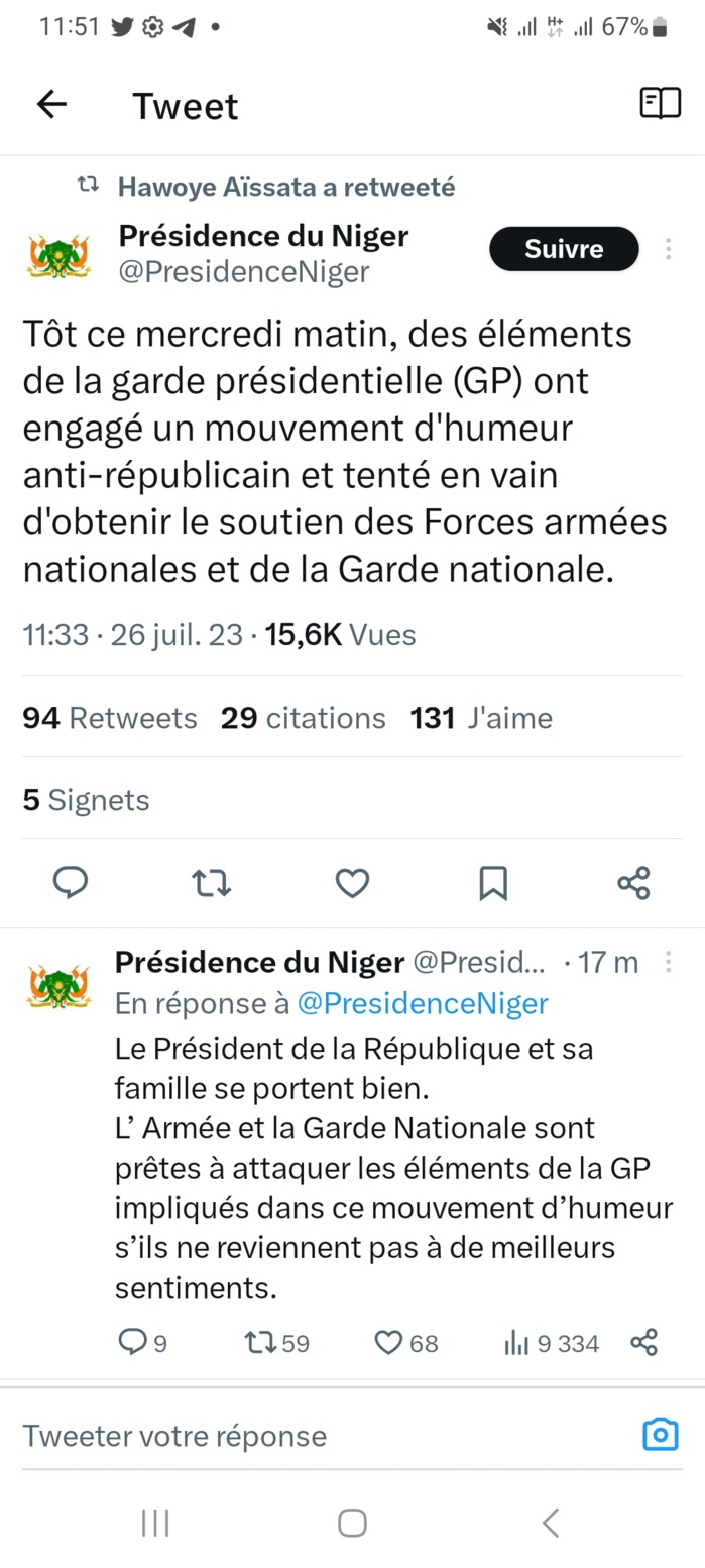 Niger: Le président de la République et sa famille se portent bien....L'armée et la garde nationale prêtes à attaquer les éléments de la garde présidentielle..."( présidence).