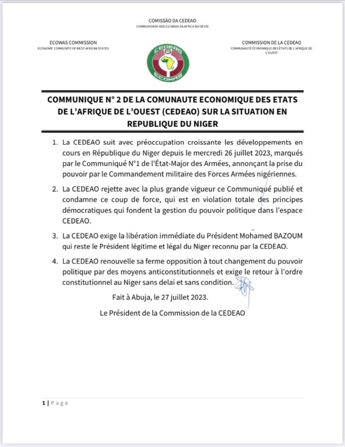 Niger: La CEDEAO rejette le communiqué de l'État-major et exige la libération du président Bazoum Niger: La CEDEAO rejette le communiqué de l'État-major et exige la libération du président Bazoum