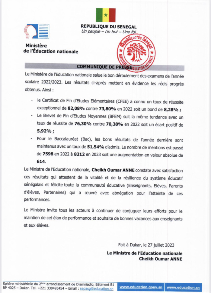Examens scolaires 2023 : le MEN salue les résultats “qui attestent de la vitalité et de la résilience du système éducatif sénégalais” Examens scolaires 2023 : le MEN salue les résultats “qui attestent de la vitalité et de la résilience du système éducatif sénégalais”
