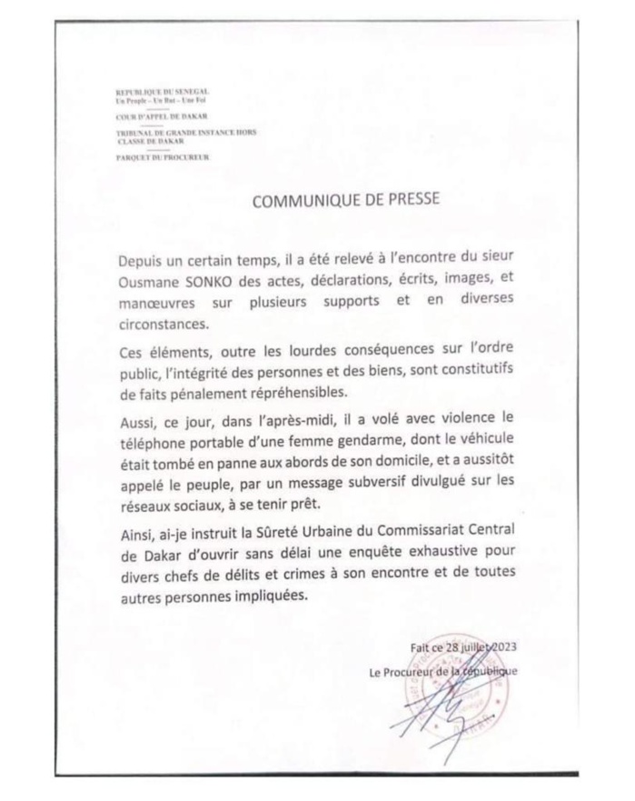 Arrestation de Ousmane Sonko: Le procureur de la République sort un communiqué et précise… Arrestation de Ousmane Sonko: Le procureur de la République sort un communiqué et précise…