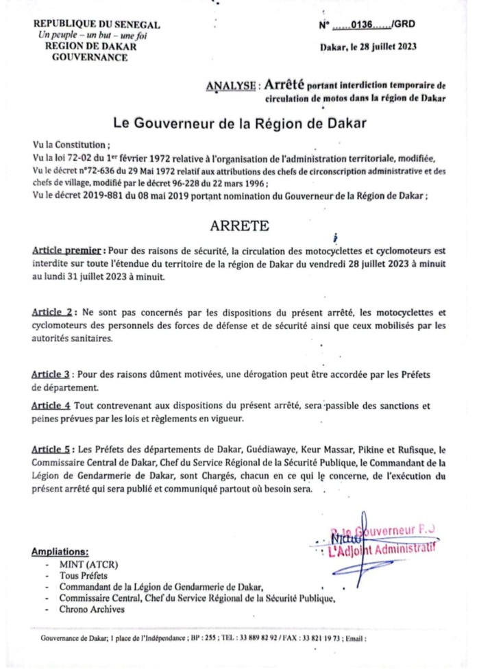 Dakar : Le gouverneur interdit la circulation des motocyclettes et cyclomoteurs du vendredi 28 au lundi 31 juillet Dakar : Le gouverneur interdit la circulation des motocyclettes et cyclomoteurs du vendredi 28 au lundi 31 juillet
