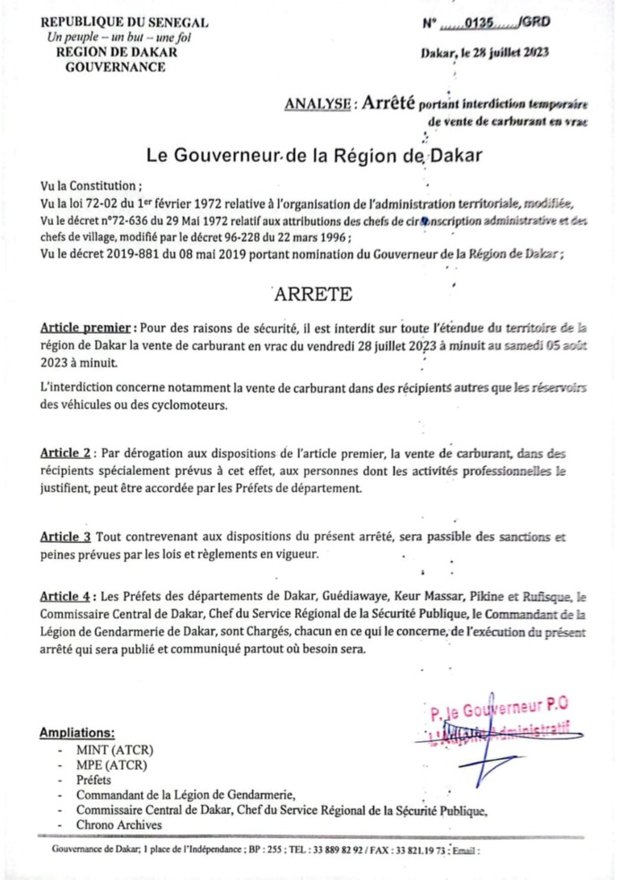 Dakar : Le gouverneur interdit la vente de carburant en vrac du vendredi 28 juillet au 5 août 2023 Dakar : Le gouverneur interdit la vente de carburant en vrac du vendredi 28 juillet au 5 août 2023