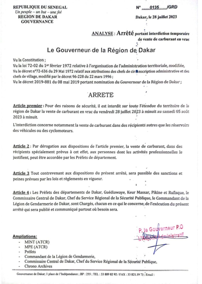 Dakar : Le gouverneur interdit la vente de carburant en vrac du vendredi 28 juillet au 5 août 2023