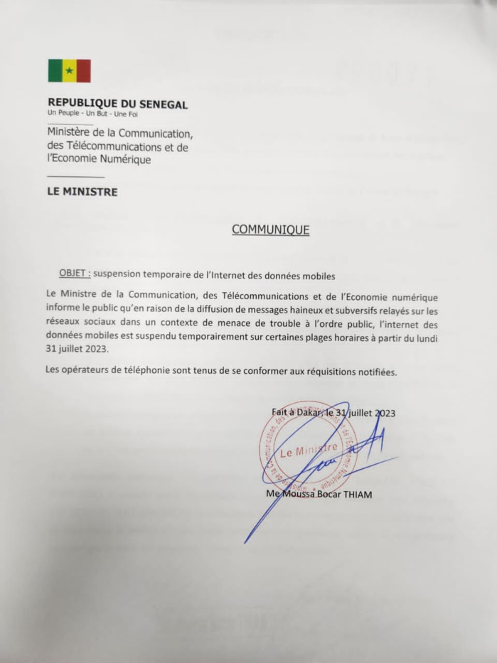 Sénégal/ Messages haineux et subversifs relayés sur les réseaux sociaux: Suspension temporaire de l'internet des données mobiles sur certaines plages horaires Sénégal/ Messages haineux et subversifs relayés sur les réseaux sociaux: Suspension temporaire de l'internet des données mobiles sur certaines plages horaires