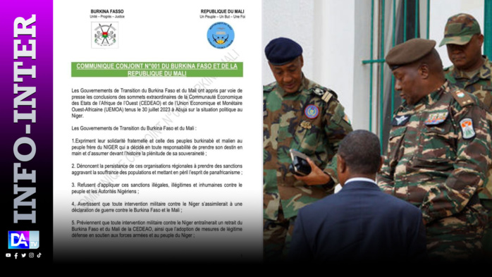 Une intervention militaire au Niger serait "une déclaration de guerre" au Burkina Faso et au Mali (communiqué conjoint)