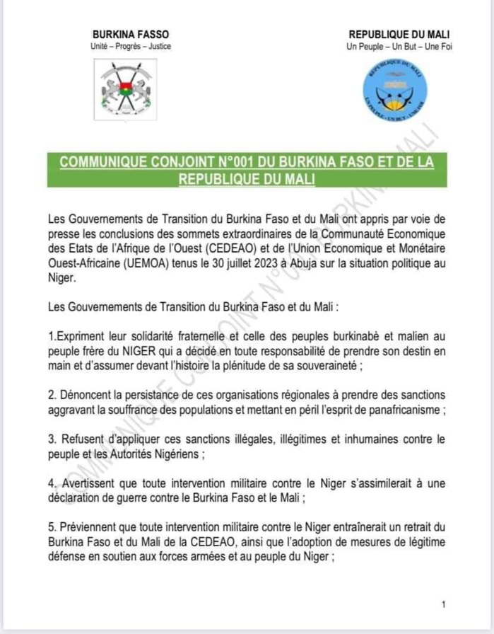 Une intervention militaire au Niger serait "une déclaration de guerre" au Burkina Faso et au Mali (communiqué conjoint) Une intervention militaire au Niger serait "une déclaration de guerre" au Burkina Faso et au Mali (communiqué conjoint)