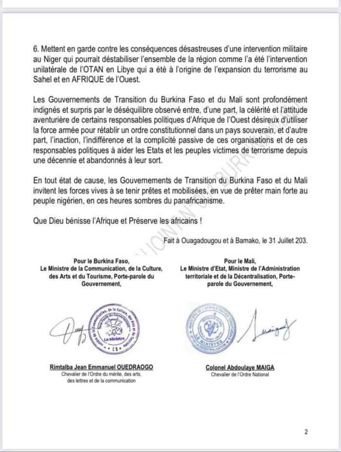 Une intervention militaire au Niger serait "une déclaration de guerre" au Burkina Faso et au Mali (communiqué conjoint) Une intervention militaire au Niger serait "une déclaration de guerre" au Burkina Faso et au Mali (communiqué conjoint)