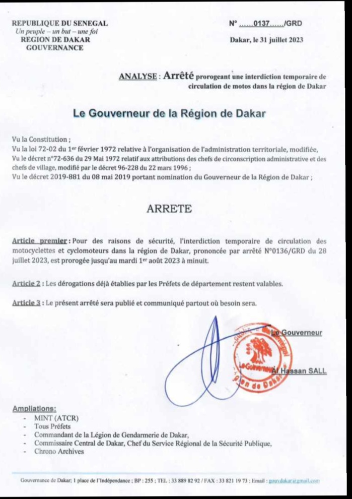 Dakar: Le précédent arrêté interdisant la circulation des motocyclettes et cyclomoteurs, prorogé Dakar: Le précédent arrêté interdisant la circulation des motocyclettes et cyclomoteurs, prorogé