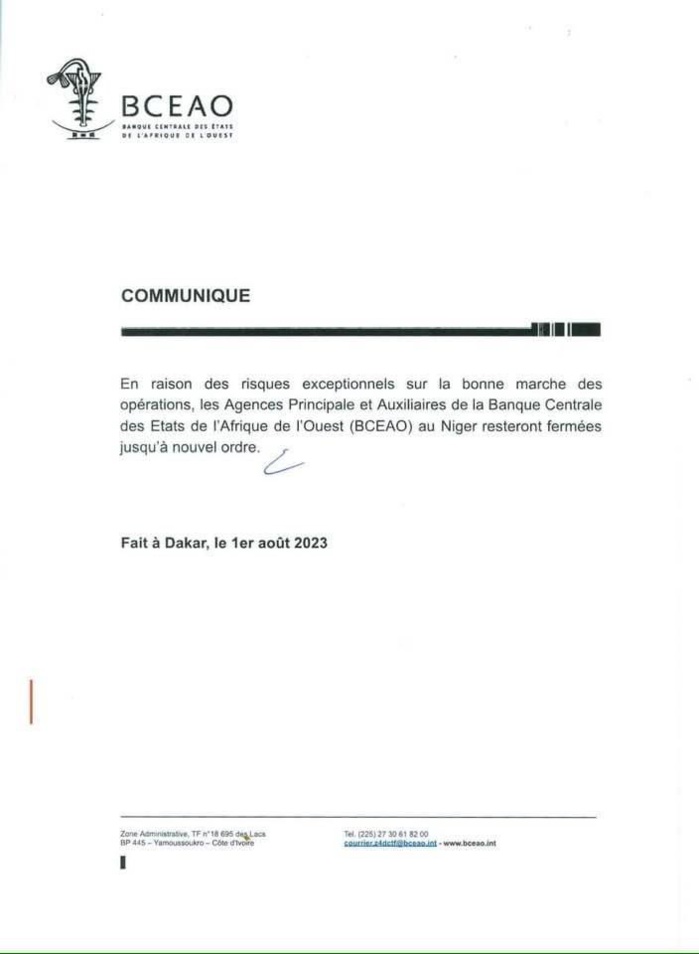 Niger: La BCEAO procéde à la fermeture de ses agences jusqu'à nouvel ordre Niger: La BCEAO procéde à la fermeture de ses agences jusqu'à nouvel ordre