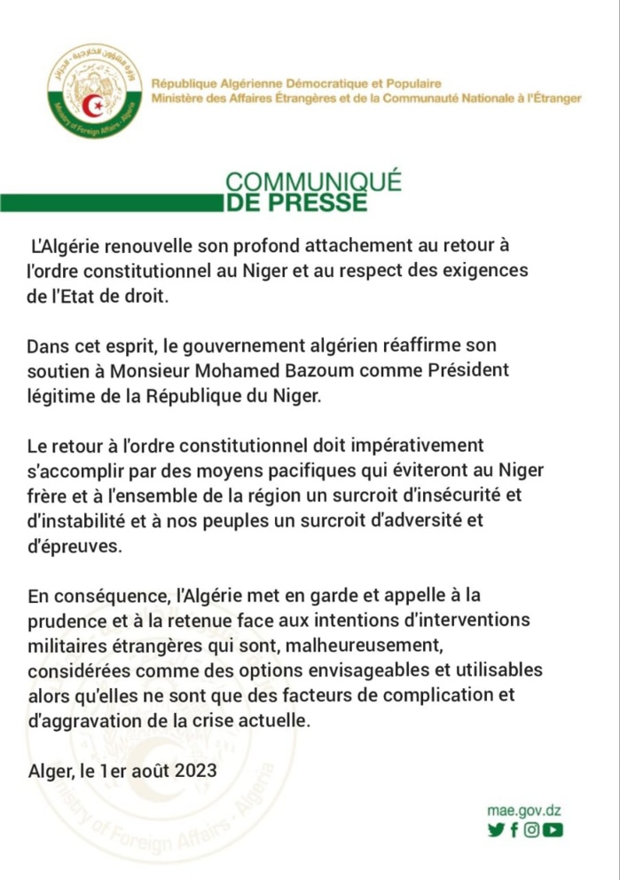Coup de force au Niger : L’Algérie réaffirme son soutien à Mouhamed Bazoum et met en garde contre d’éventuelles interventions militaires étrangères Coup de force au Niger : L’Algérie réaffirme son soutien à Mouhamed Bazoum et met en garde contre d’éventuelles interventions militaires étrangères