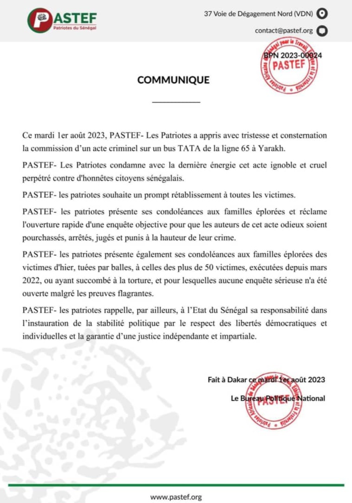 Acte criminel sur un bus TATA à Yarakh : Pastef-Les Patriotes condamne l’acte et appelle à faire la lumière sur cette affaire Acte criminel sur un bus TATA à Yarakh : Pastef-Les Patriotes condamne l’acte et appelle à faire la lumière sur cette affaire