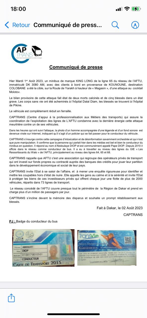 Un bus TATA calciné après une attaque par cocktail Molotov à Yarakh: « Le conducteur n’est pas un policier » ( CAPTRANS)