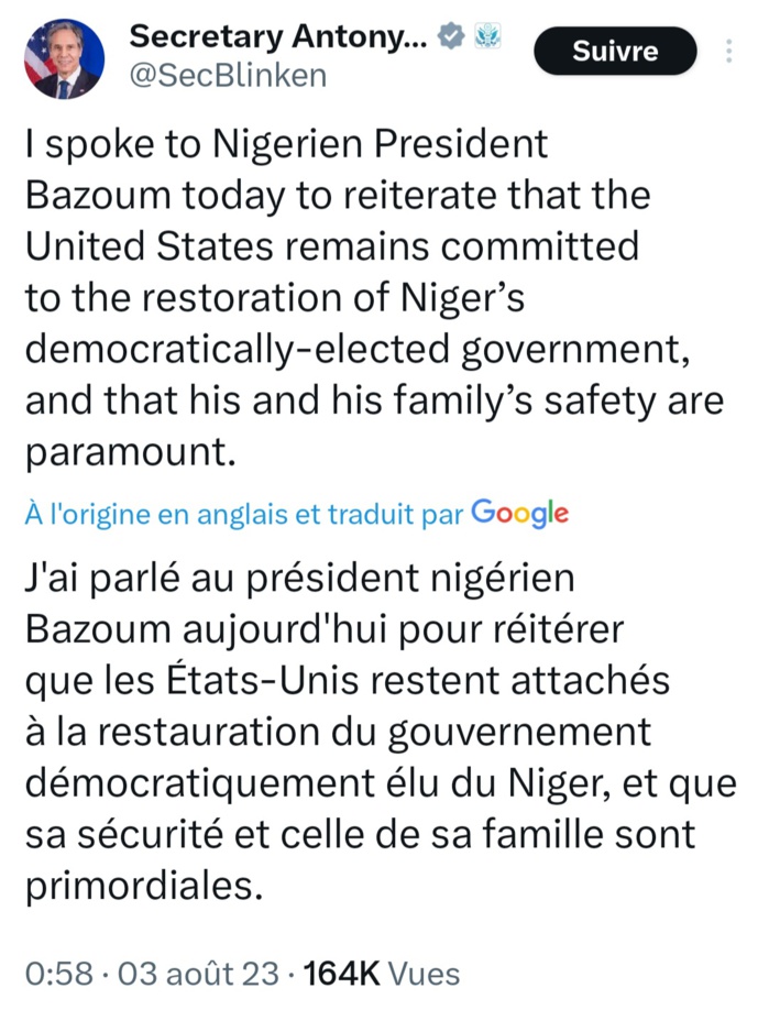 Niger: Le secrétaire d'État américain Antony Blinken a échangé avec le président Bazoum