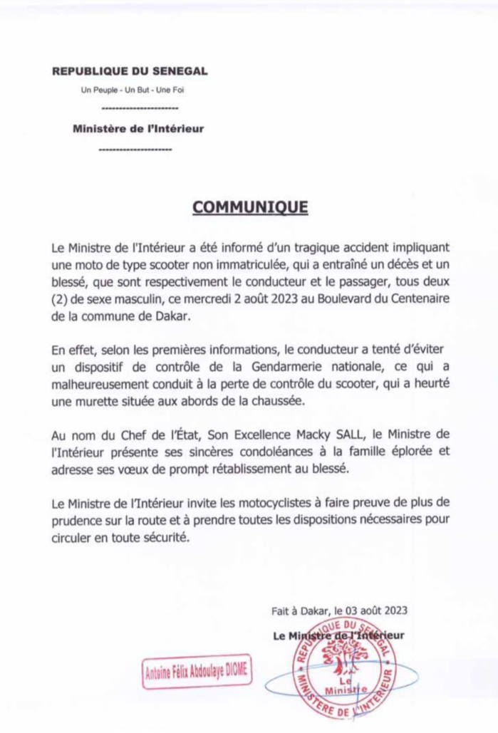 Décès d’un conducteur de scooter sur le boulevard du Centenaire de Dakar : Le ministre de l’intérieur appelle à la prudence sur la route
