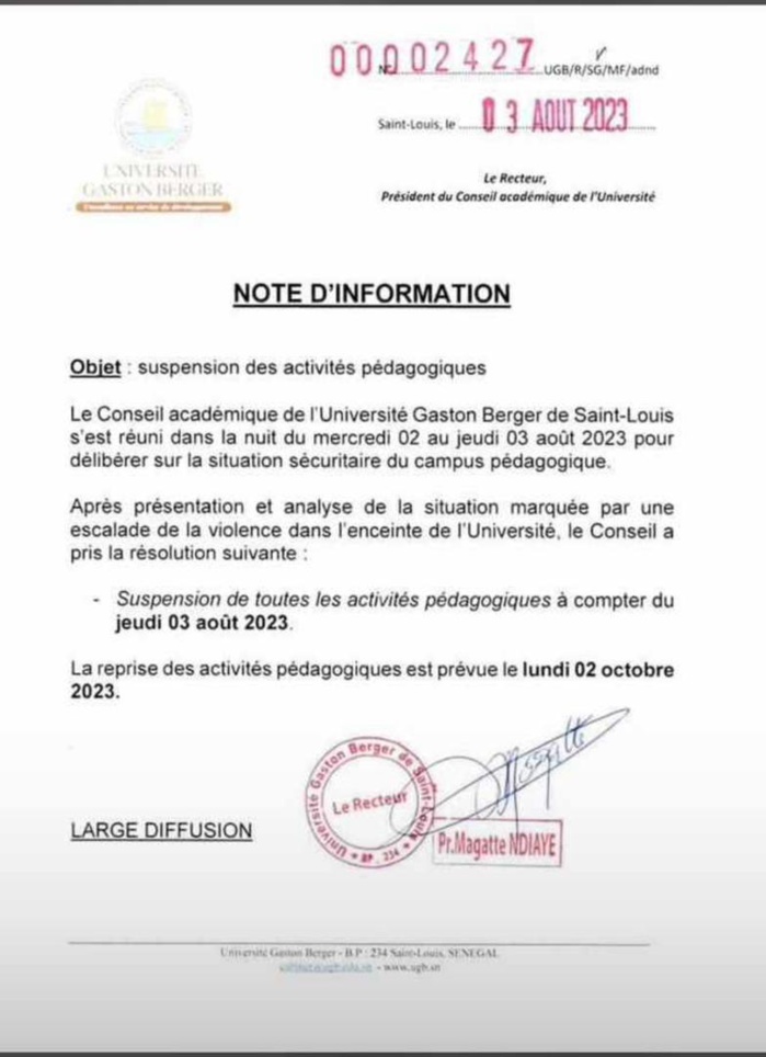 Université Gaston Berger de Saint-Louis: Le Conseil académique suspend toutes les activités pédagogiques Université Gaston Berger de Saint-Louis: Le Conseil académique suspend toutes les activités pédagogiques