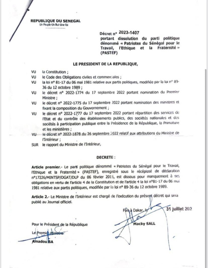Dissolution du Parti Pastef : Birame Soulèye Diop a reçu la notification