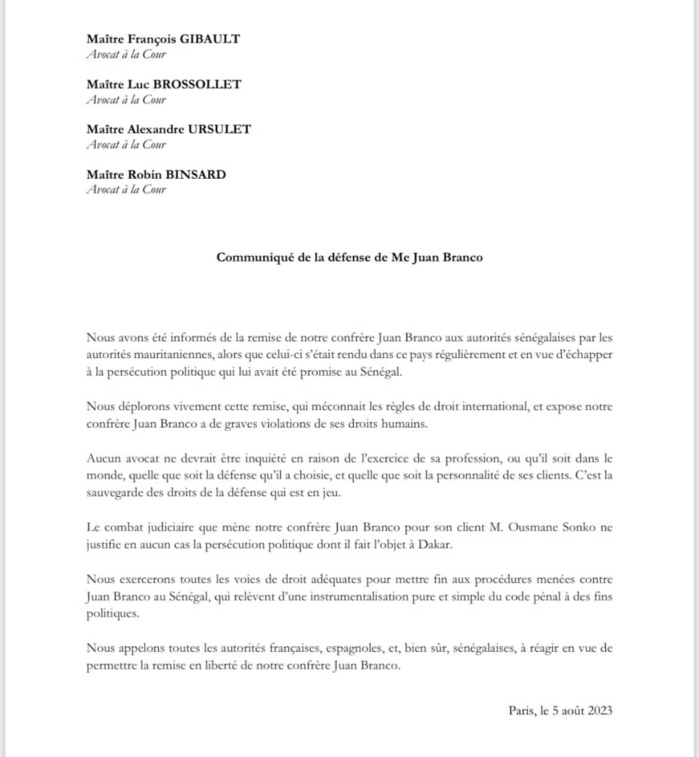 Affaire Juan Branco: La défense de l’avocat demande la remise en liberté de leur confrère Affaire Juan Branco: La défense de l’avocat demande la remise en liberté de leur confrère