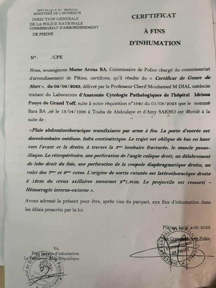 Pikine/Décès de Bara Ba : le certificat de genre de mort atteste la mort par balles. Pikine/Décès de Bara Ba : le certificat de genre de mort atteste la mort par balles.