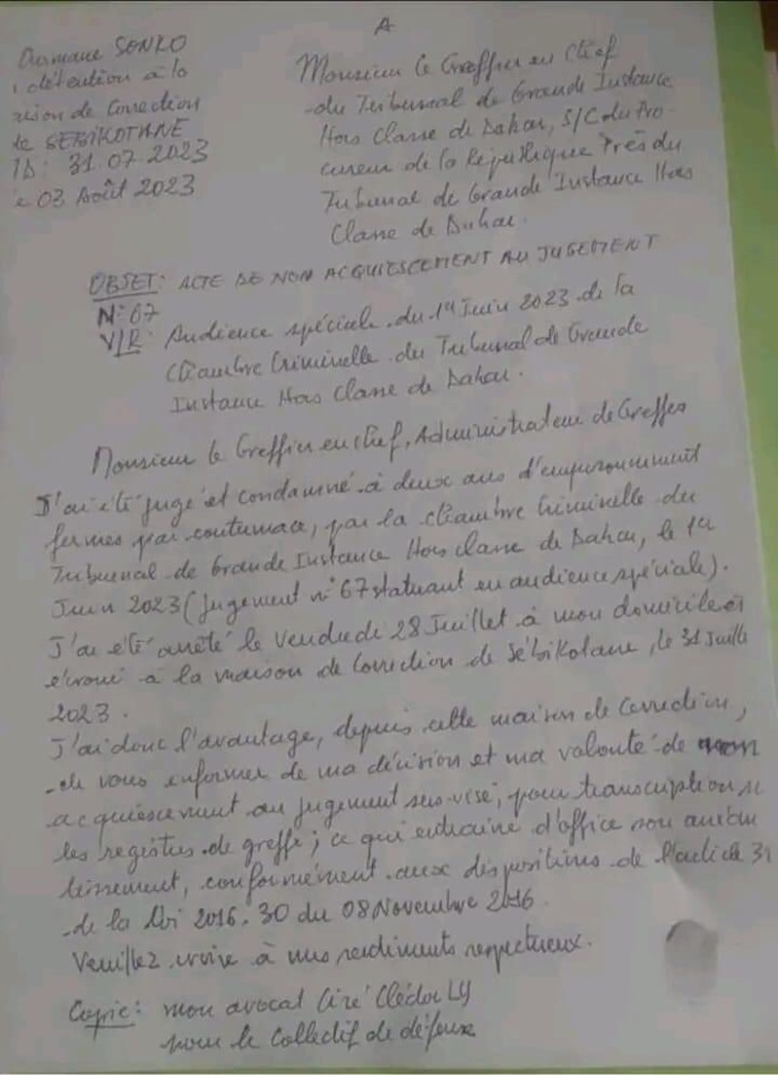 Affaire « Sweet Beauté »: Ousmane Sonko manifeste son non acquiescement, le jugement anéanti Affaire « Sweet Beauté »: Ousmane Sonko manifeste son non acquiescement, le jugement anéanti