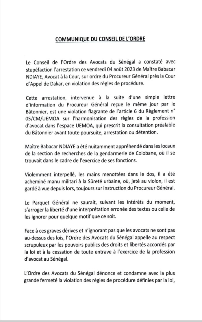 Affaire Me Babacar Ndiaye : l’Ordre des avocats réclame la cessation immédiate des poursuites Affaire Me Babacar Ndiaye : l’Ordre des avocats réclame la cessation immédiate des poursuites