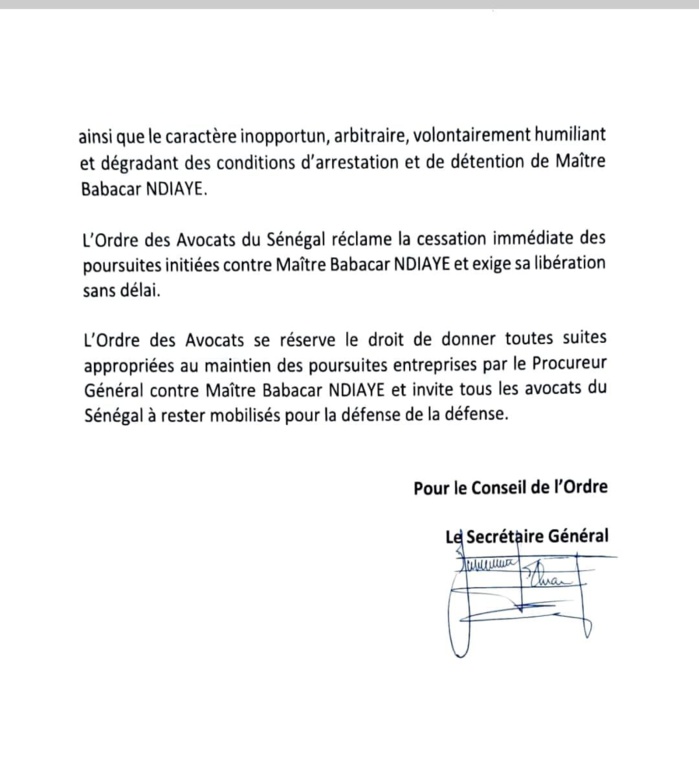 Affaire Me Babacar Ndiaye : l’Ordre des avocats réclame la cessation immédiate des poursuites