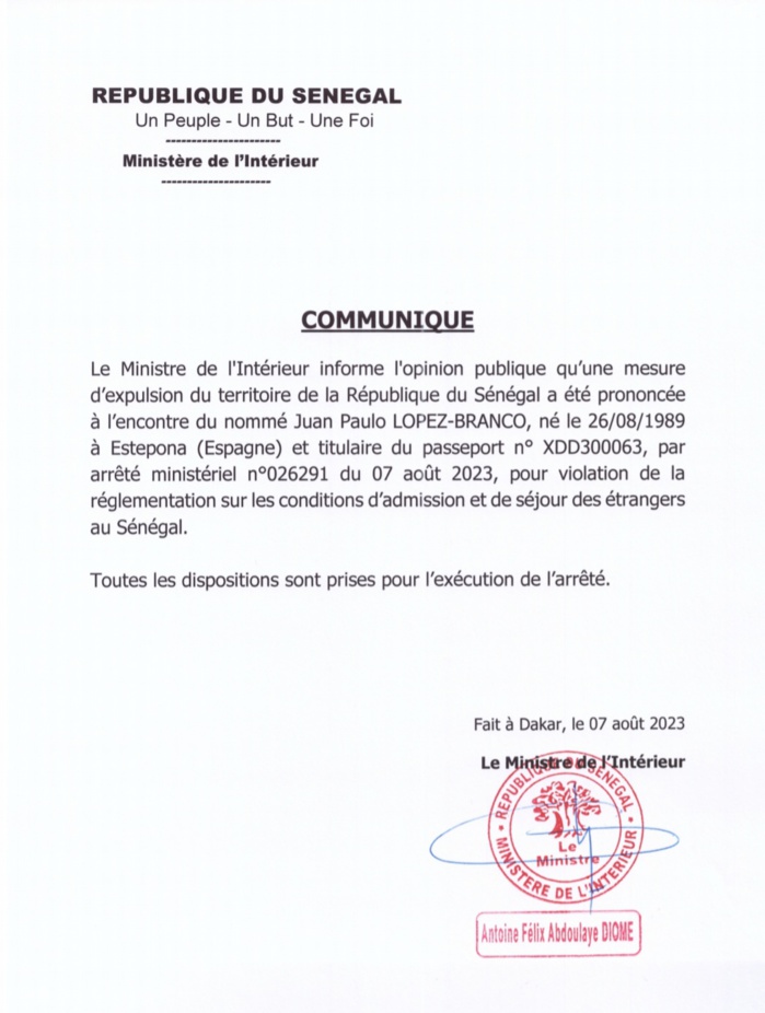 Libération de Juan Branco : Le ministre de l’intérieur annonce son expulsion du territoire sénégalais