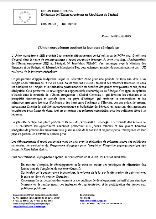Programme d’appui budgétaire jeunesse: L'UE débloque 6,6 milliards de Fcfa au profit du Sénégal