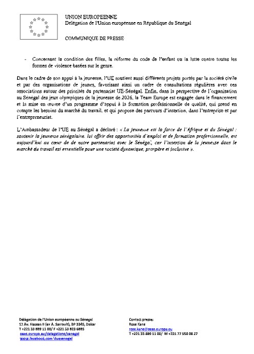 Programme d’appui budgétaire jeunesse: L'UE débloque 6,6 milliards de Fcfa au profit du Sénégal
