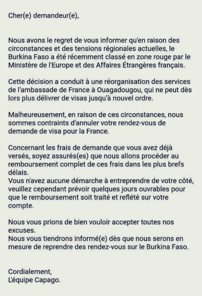 Coopération: La France suspend la délivrance des visas au Burkina jusqu'à nouvel ordre Coopération: La France suspend la délivrance des visas au Burkina jusqu'à nouvel ordre