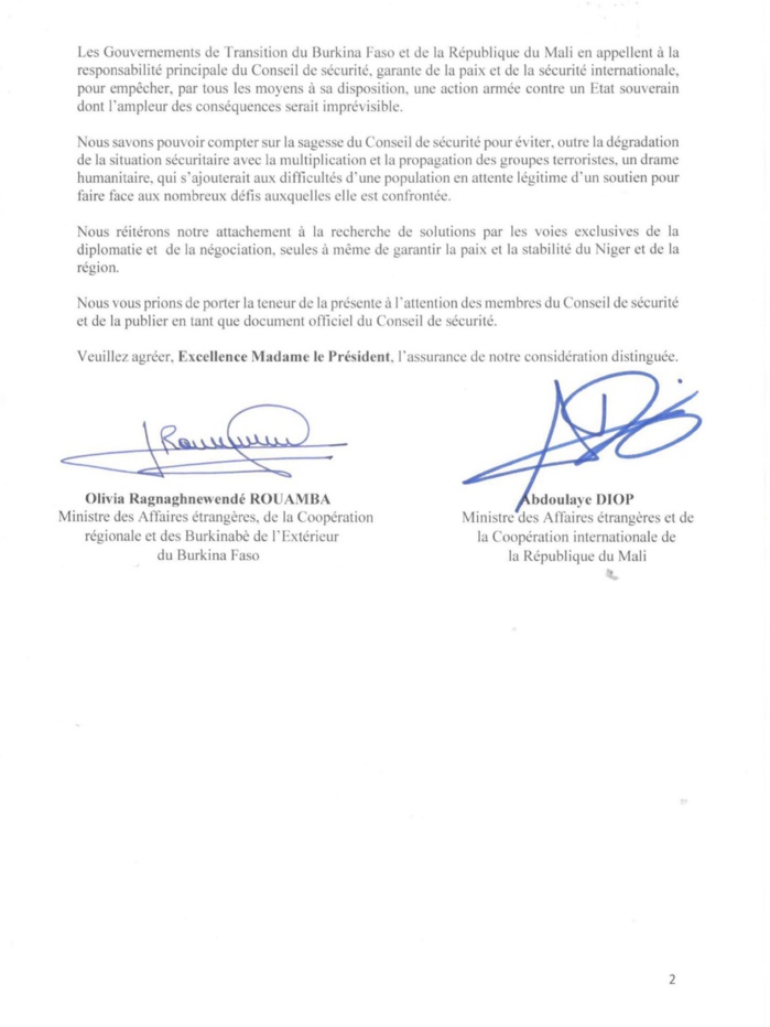 Éventuelle intervention militaire au Niger: les gouvernements du Mali et du Burkina en appellent à la responsabilité du Conseil de Sécurité et du Conseil de Paix et de Sécurité... Éventuelle intervention militaire au Niger: les gouvernements du Mali et du Burkina en appellent à la responsabilité du Conseil de Sécurité et du Conseil de Paix et de Sécurité...