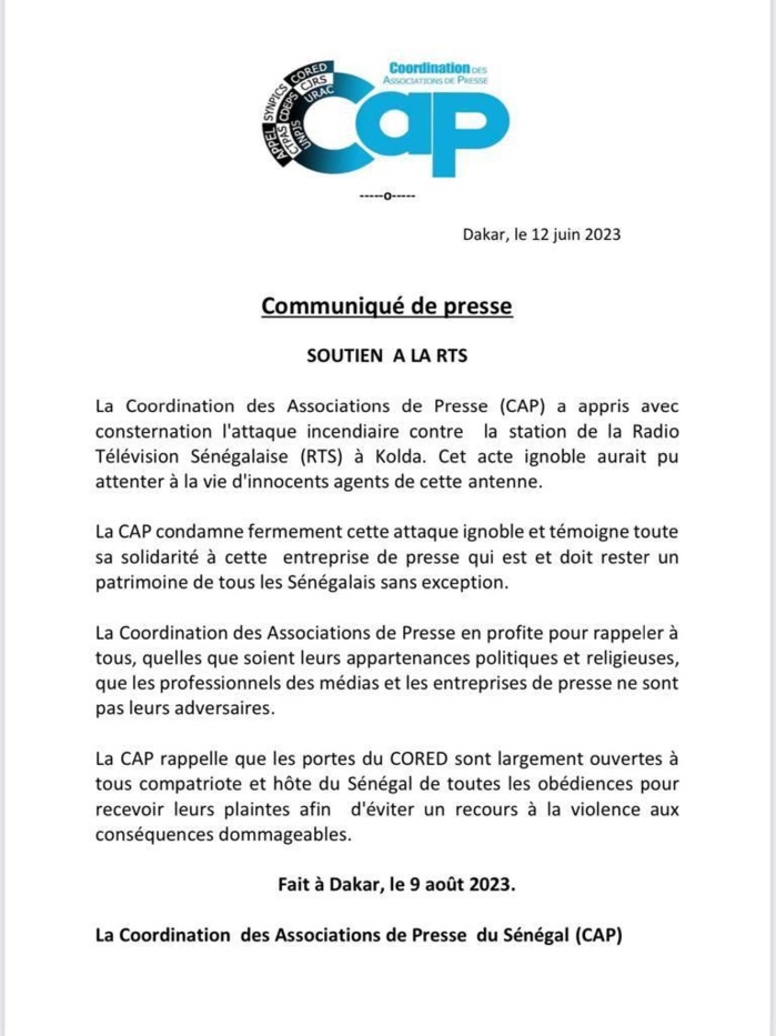 Attaque contre la station de la Rts à Kolda: La CAP condamne fermement cet " acte ignoble" et apporte son soutien à l'entreprise de presse Attaque contre la station de la Rts à Kolda: La CAP condamne fermement cet " acte ignoble" et apporte son soutien à l'entreprise de presse