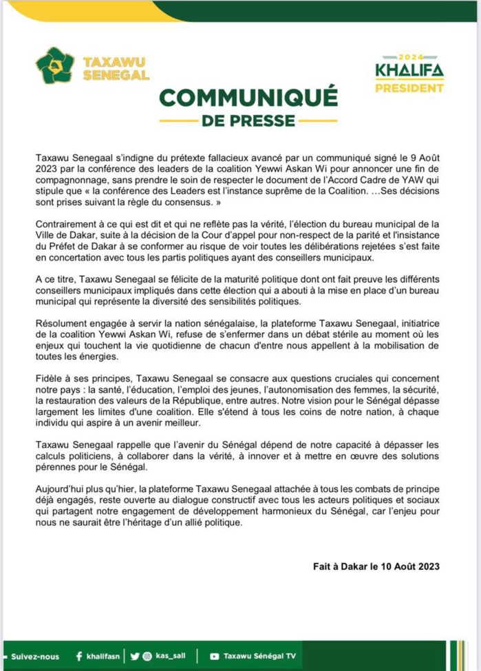 « Exclue» de Yewwi: Taxawu Sénégal évoque un débat puéril autour de l’héritage d’un allié politique « Exclue» de Yewwi: Taxawu Sénégal évoque un débat puéril autour de l’héritage d’un allié politique