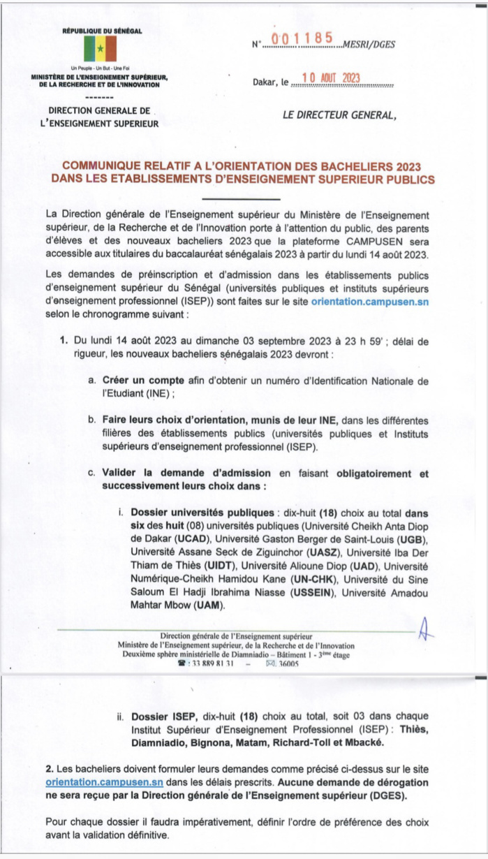 Éducation : Le MESRI annonce le début des orientations des nouveaux bacheliers Éducation : Le MESRI annonce le début des orientations des nouveaux bacheliers